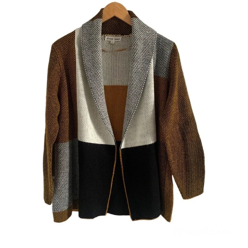 Divine Heart Colorblock Heavyweight knit Open Front Cardigan/Sweater Large white